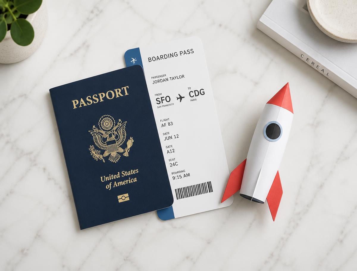 Passport, boarding pass and a paper rocket on a desk
