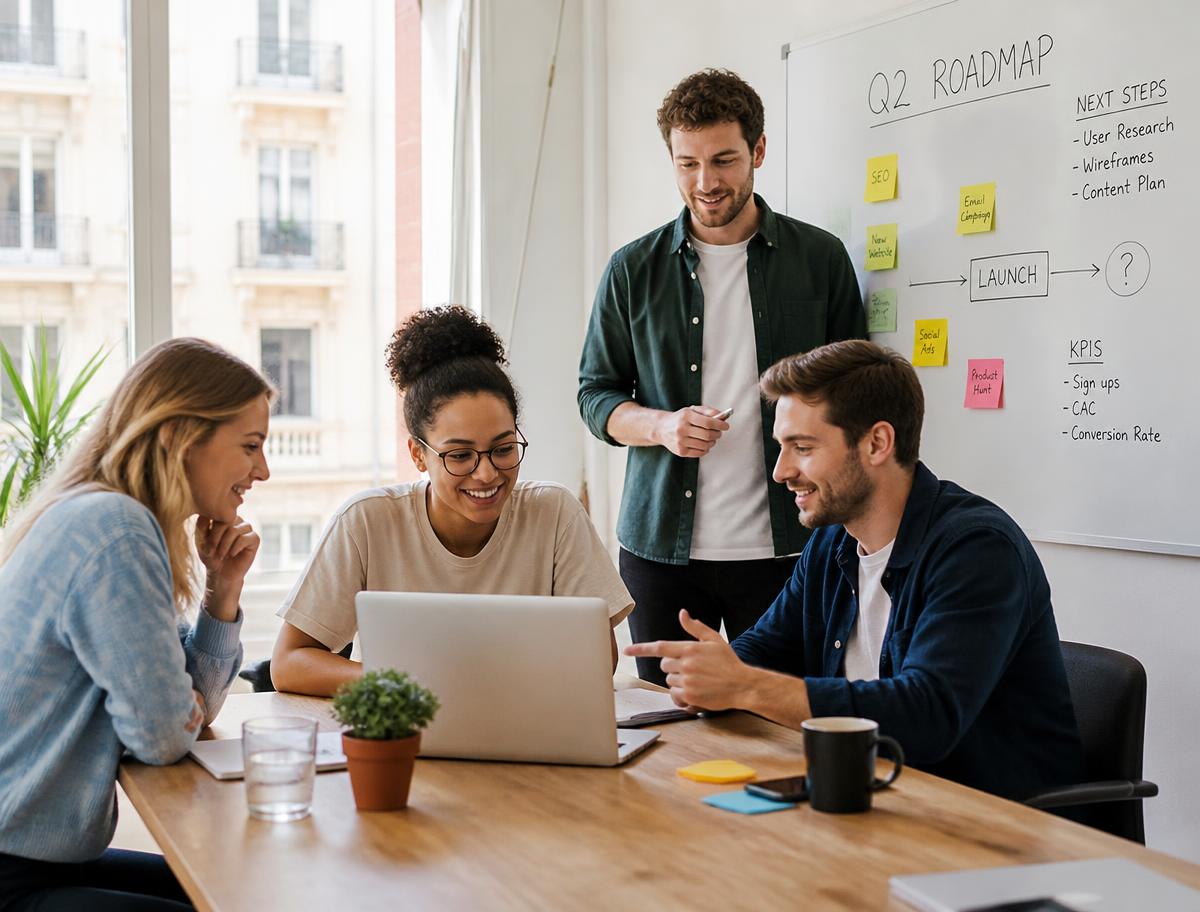 Founding team working together in a bright office